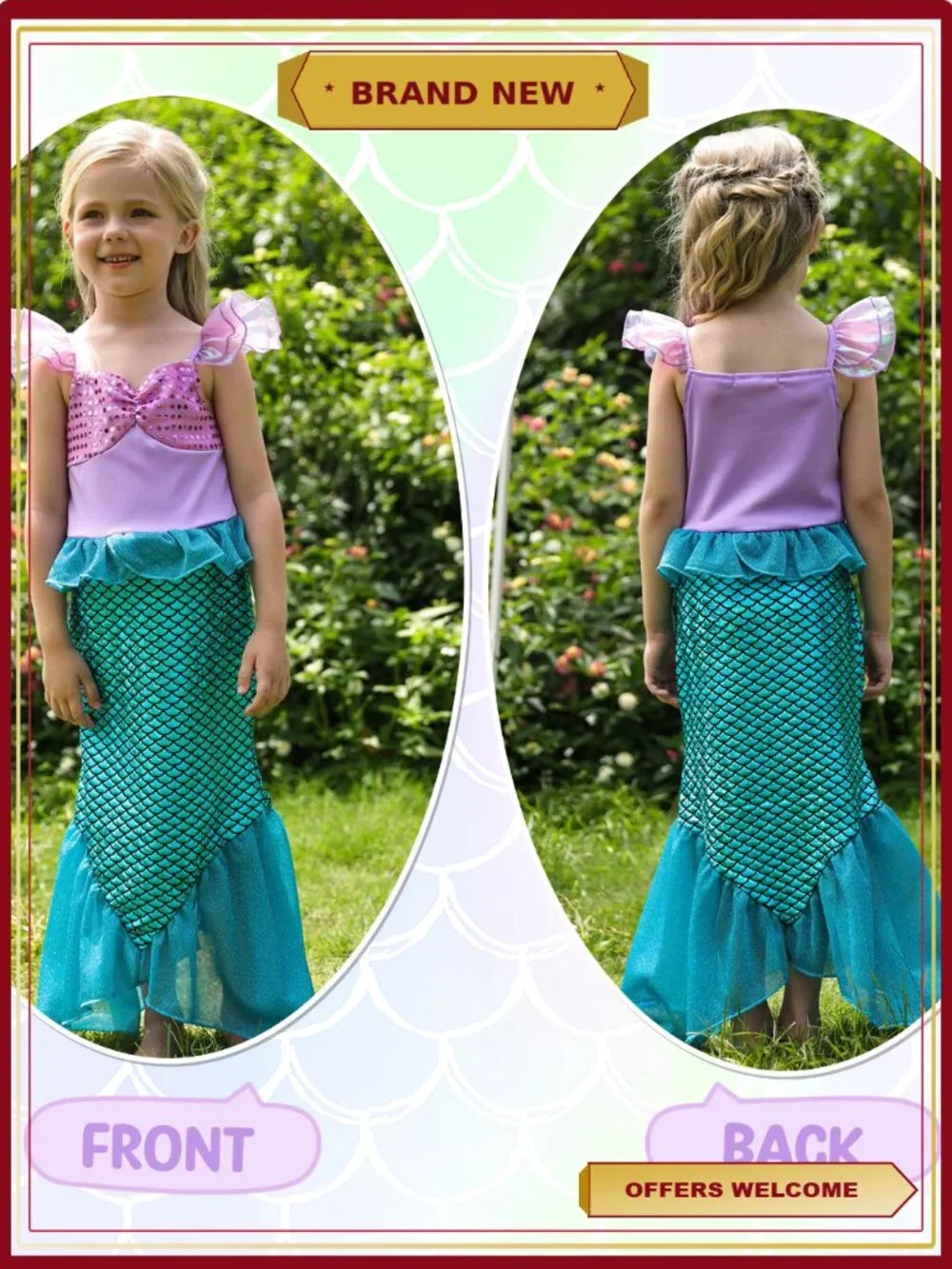 Girls Mermaid Princess Costume Dress Up with Red Wig Cosplay